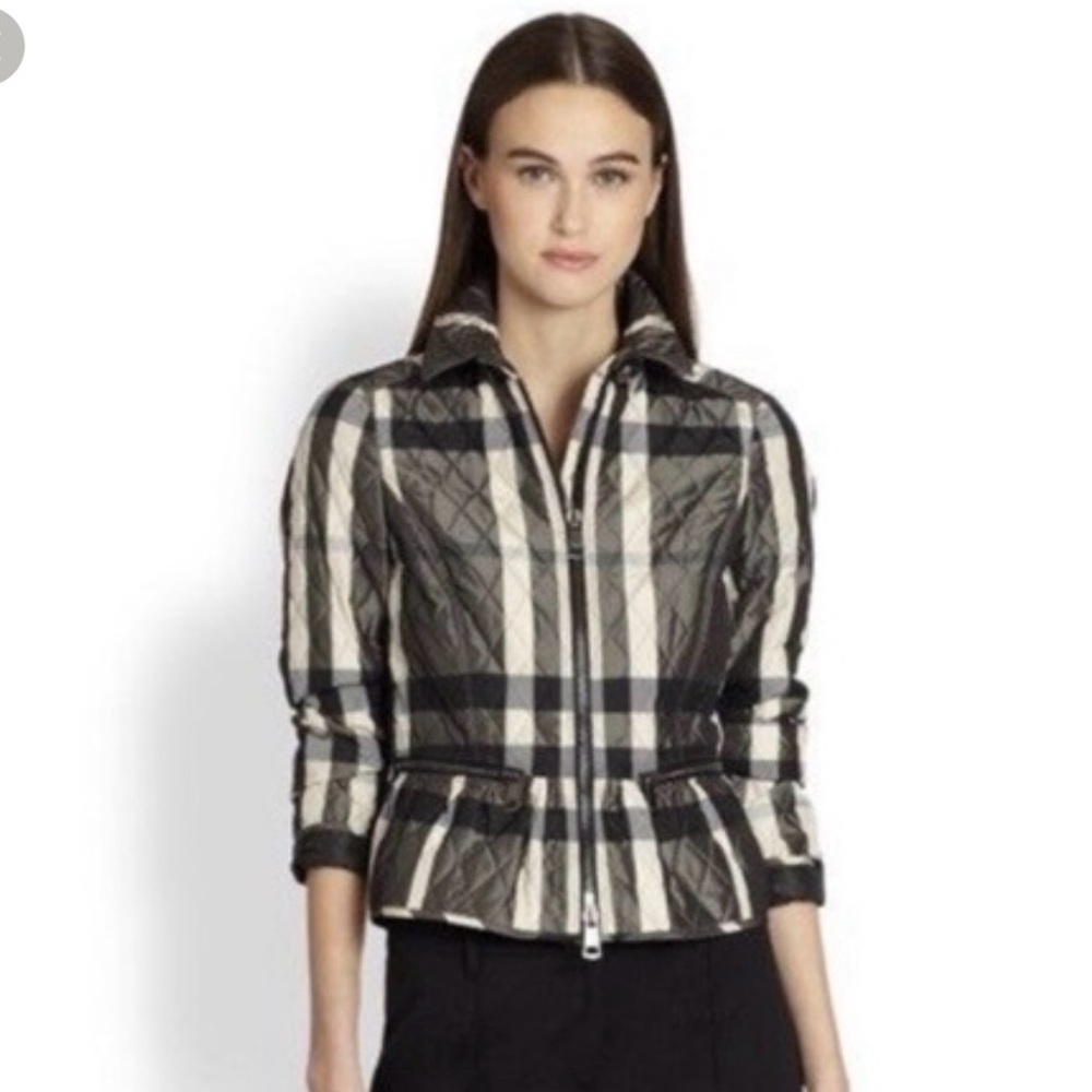 Classic Burberry Quilted Plaid Black and White Peplum Jacket, USA Size 8